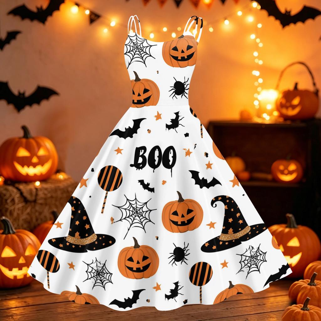 Womens Halloween Print Off Shoulder Dress Vintage Punk Party Dress Flared Skirt Sleeveless A Line Dress