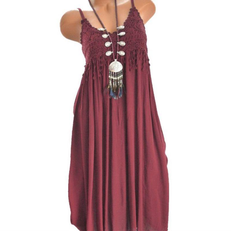

Женское летнее платье-макси без рукавов с круглым вырезом, повседневная футболка-сарафан с кружевом XL вино красного