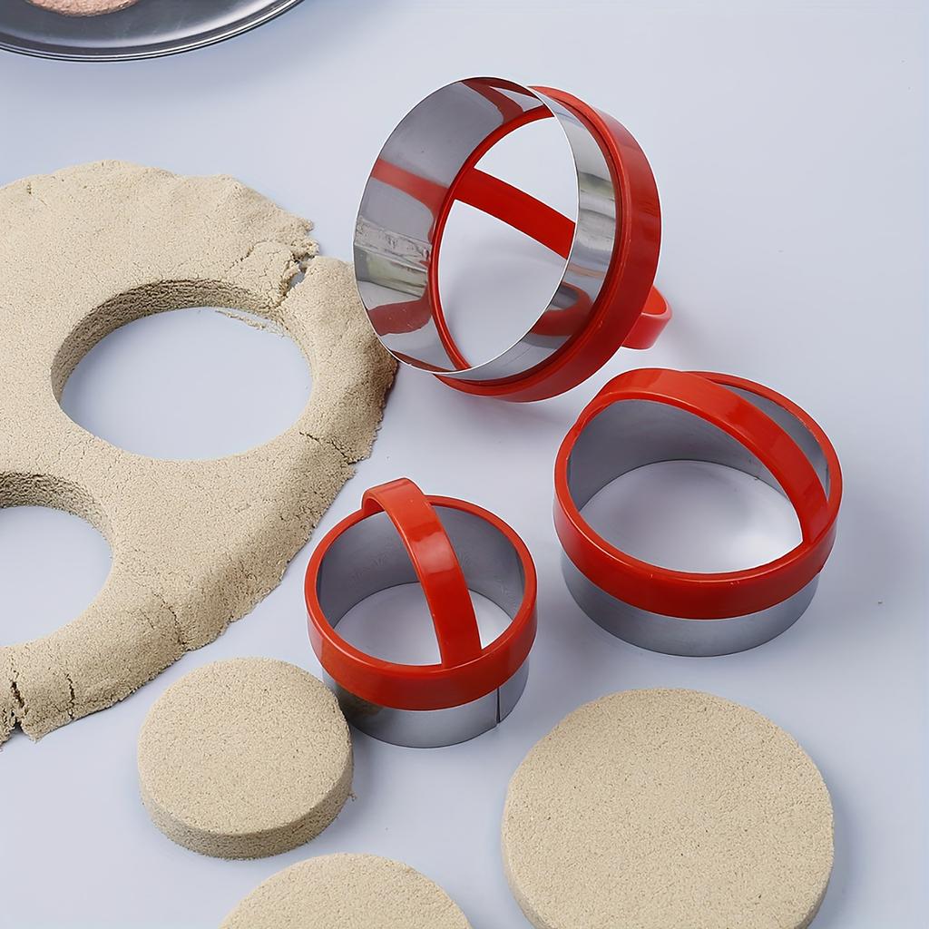 Red Round Cookie Cutter Set Of 3 With Handle Stainless Steel Molds Baking Dough Cake DIY Tools