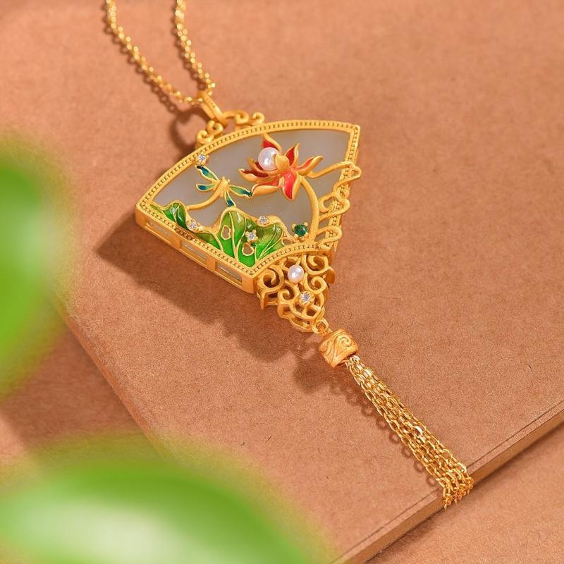 Designer Original  Inlaid Fan-Shaped Lotus Pendant Necklace Elegant And Exquisite Tassel Palace Style Retro Ladies Jewelry
