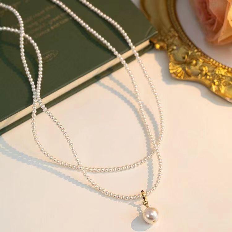

French small fragrant style retro double layer stacked pearl necklace sweet temperament niche design sense collarbone chain neck chain