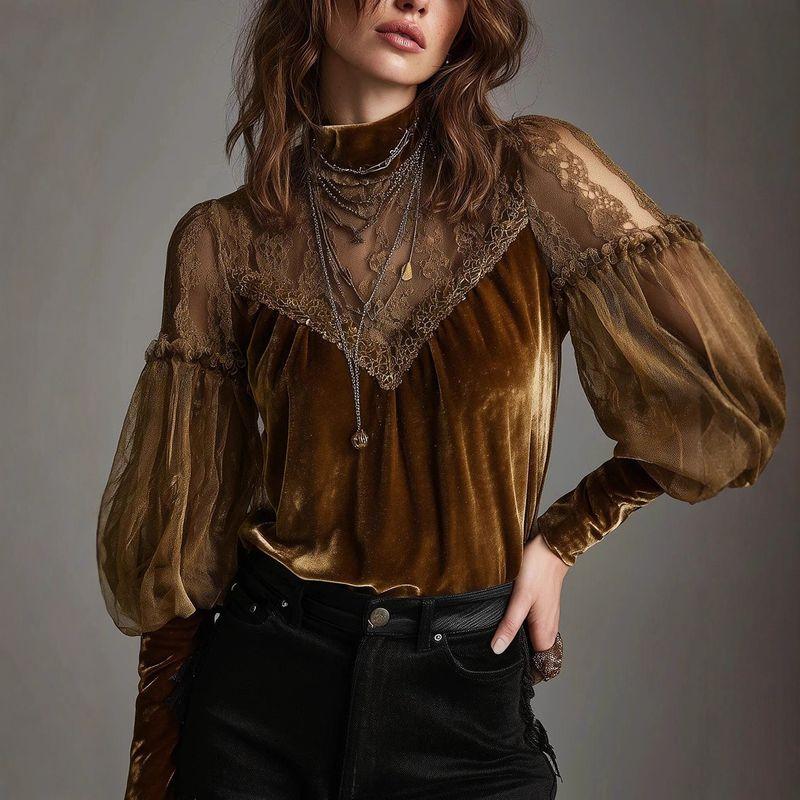 

High-End Korean Velvet Half-Turtleneck Base Shirt for Women, Autumn/Winter 2025 New Model, Chic Versatile Mesh Top Brown XS