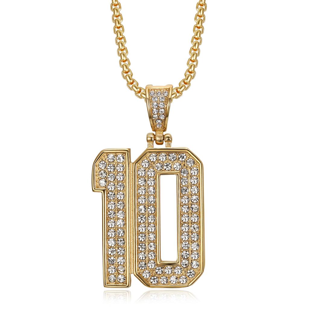 Hip Hop Gold Plated Stainless Steel Number 10 Iced Out Pendant Necklace Trendy Street Jewelry