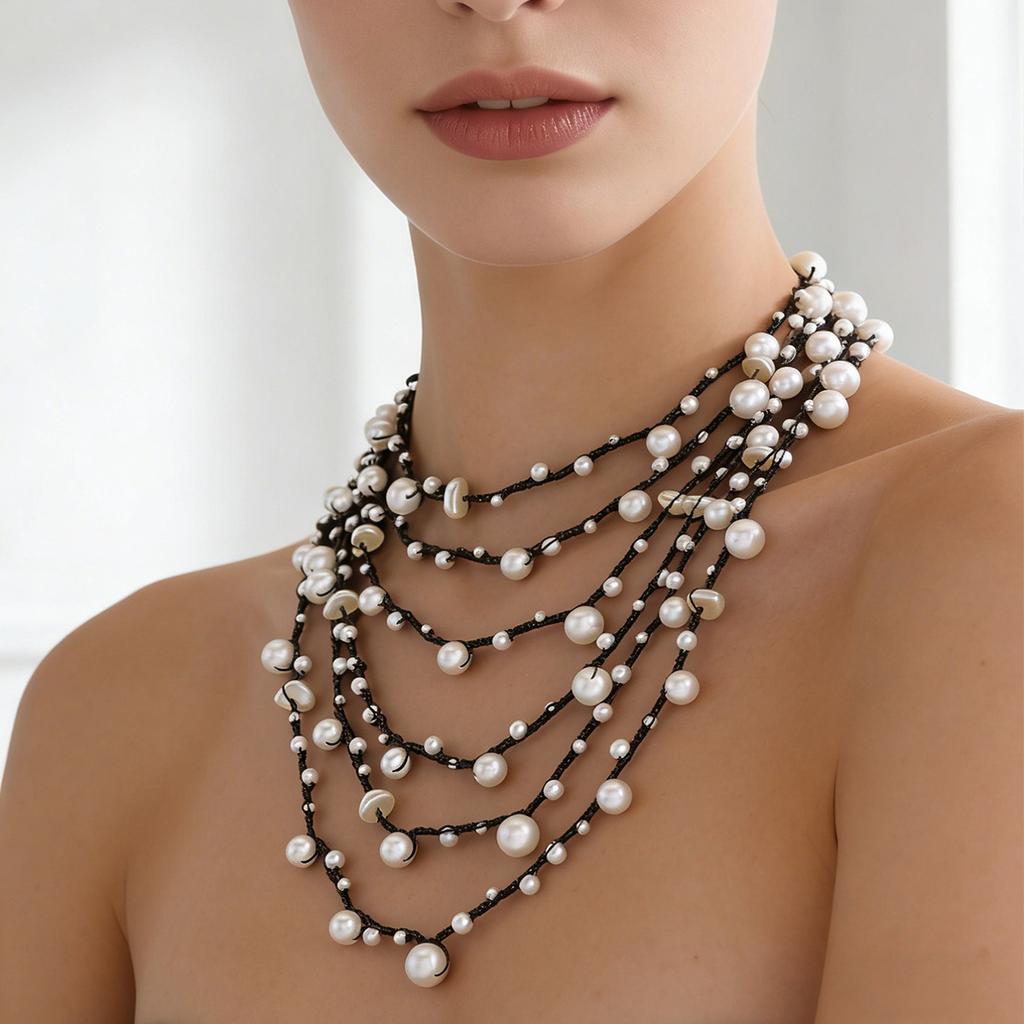 Design sense, hand-woven imitation pearl necklace, retro stacking, high-end sense, multi-layer stacking, collarbone chain