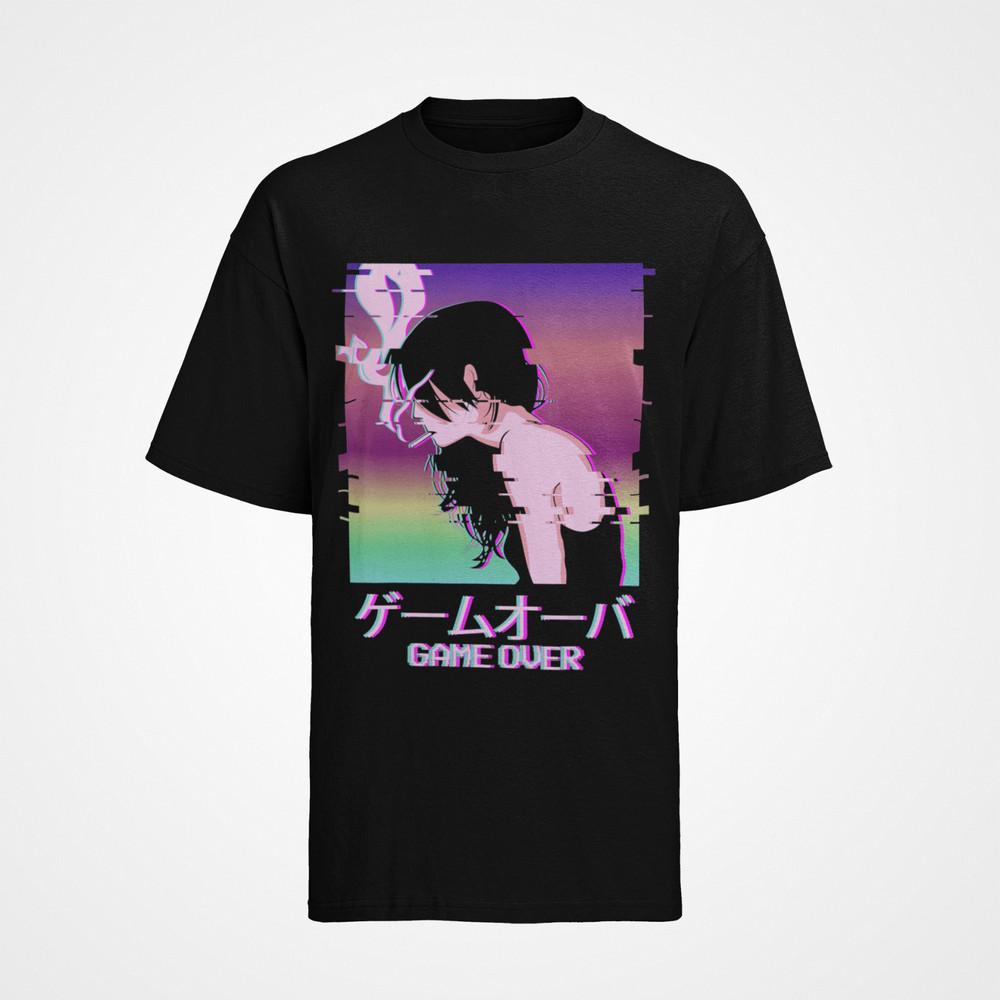 

Organic Cotton Mens Pretty Cyper Anime Waifu Girl Game Over T-Shirt XL