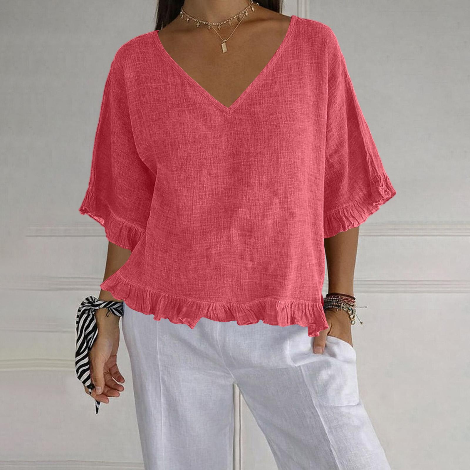 Women V Neck Ruffle Hem Loose Fit Short Sleeve Blouse Lightweight Pullover Top with Flared Sleeves for Casual Wear S