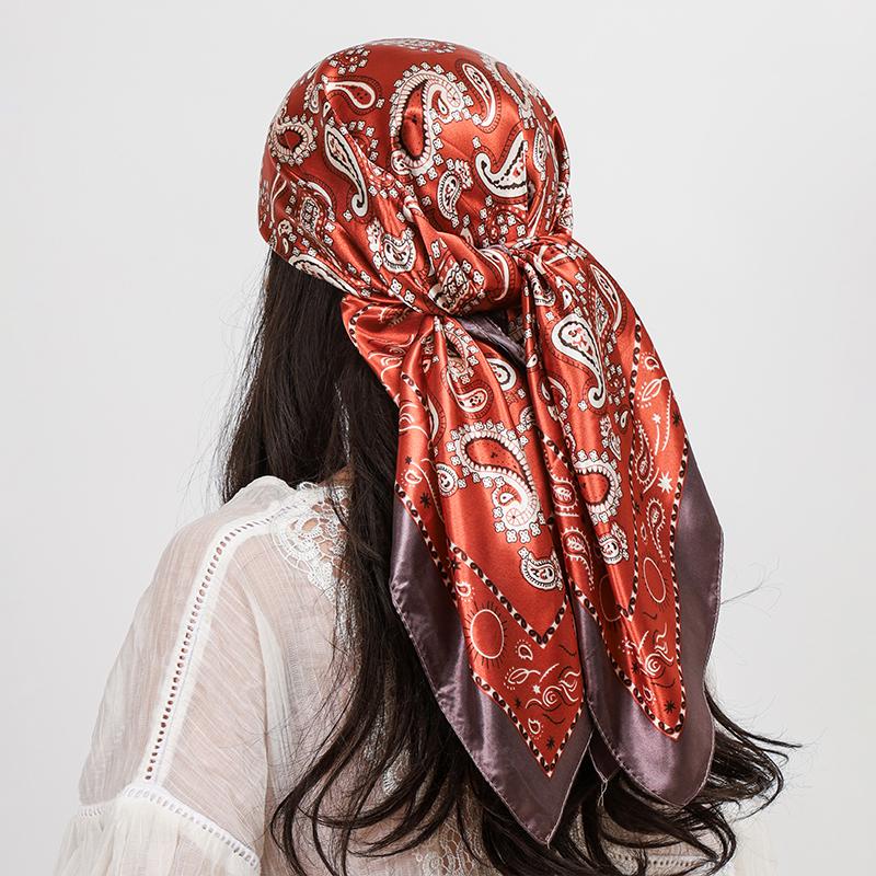 90cm Square Silk Scarves Women Hijab Shawls Paisley Cashew Flower Print Kerchief Femme Head Scarf Foulard Bandana Beach Pareo