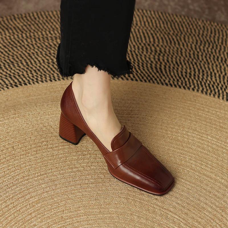 Fashion 2025 Spring New GENUINE LEATHER Women Shoes LEISURE Women Slip-On Shallow Pumps Square Toe Heels Shoes Women Zapatos De Mujer