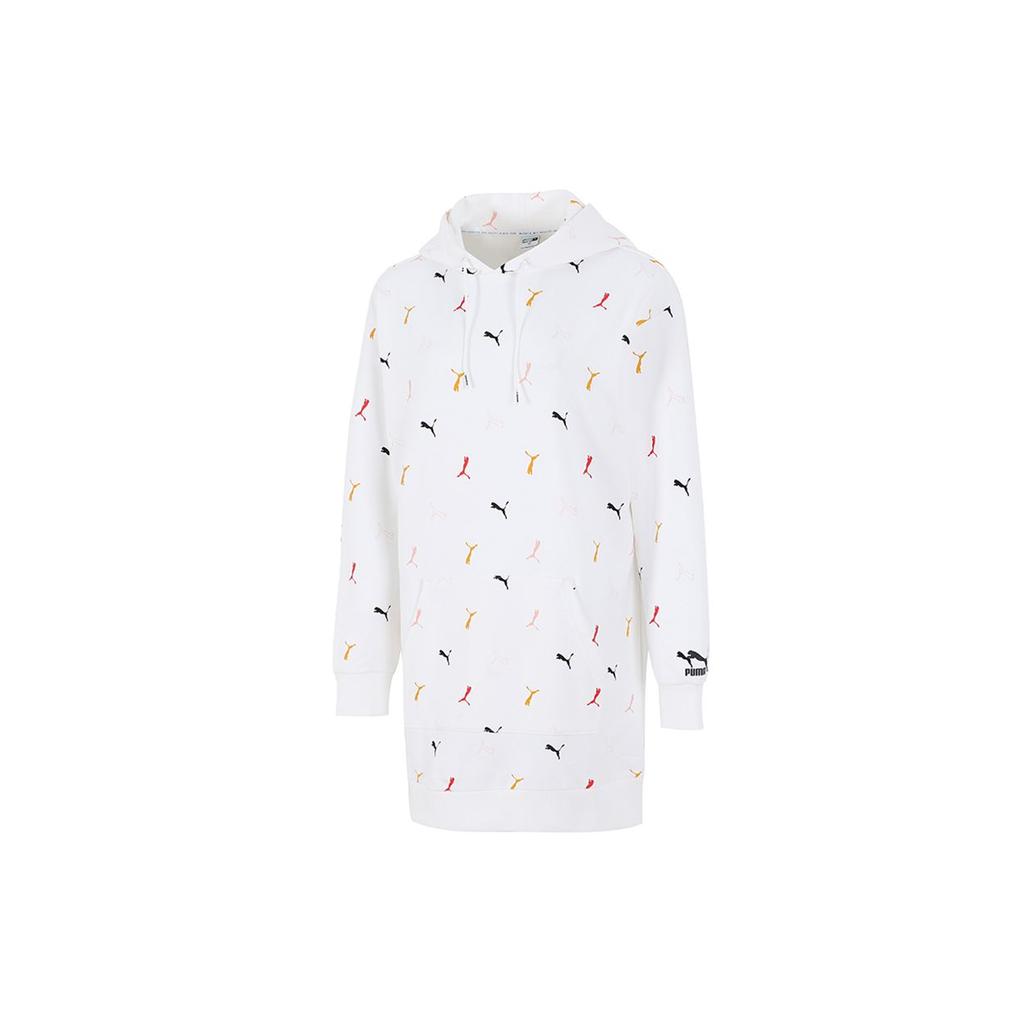 Puma Logo All Over Print Breathable Loose Casual Hooded Long Sleeve Dress Women Dresses White 531648-02