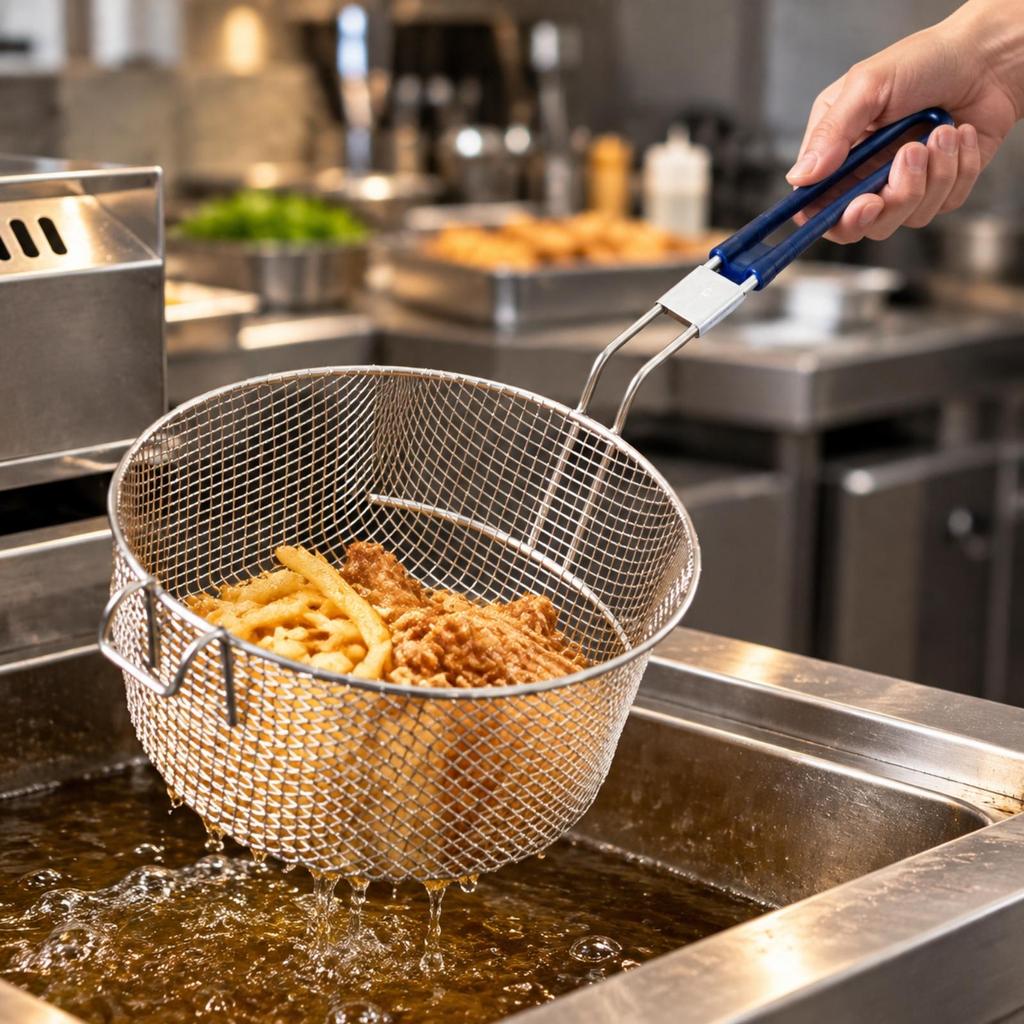 Easy-Draining Round Stainless Steel Frying Basket Food-Grade Kitchen Accessory