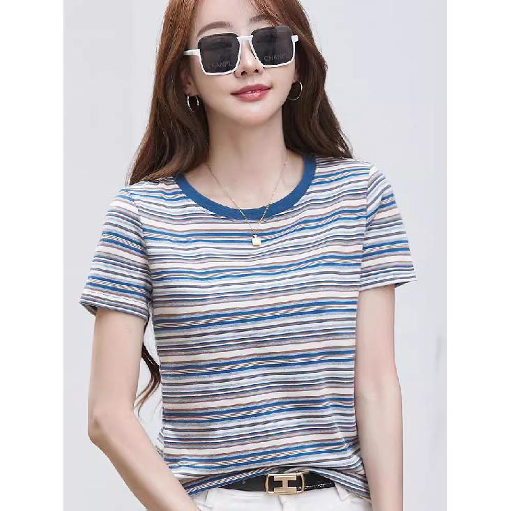 Women's Summer Casual Loose Shirt Solid Pattern Striped Short Sleeve Pullover with Round Neck Versatile Y2K Style Tops