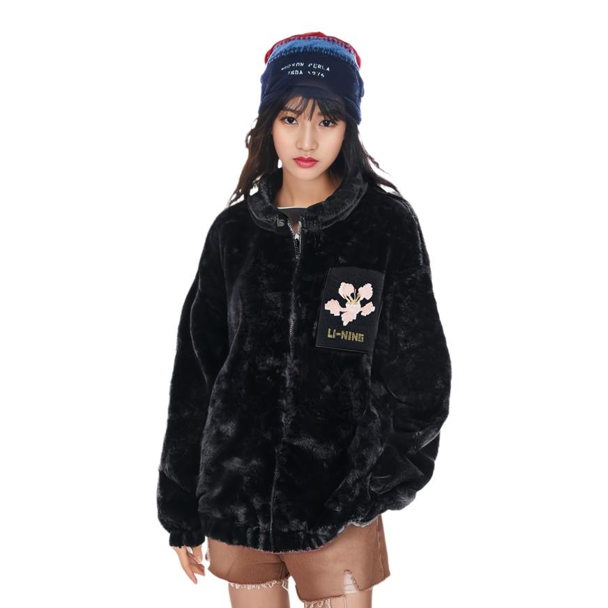 Li-Ning Embroidered Pattern Stand Collar Loose Faux Fur Short Jacket Women Jackets Black AJDT544-4