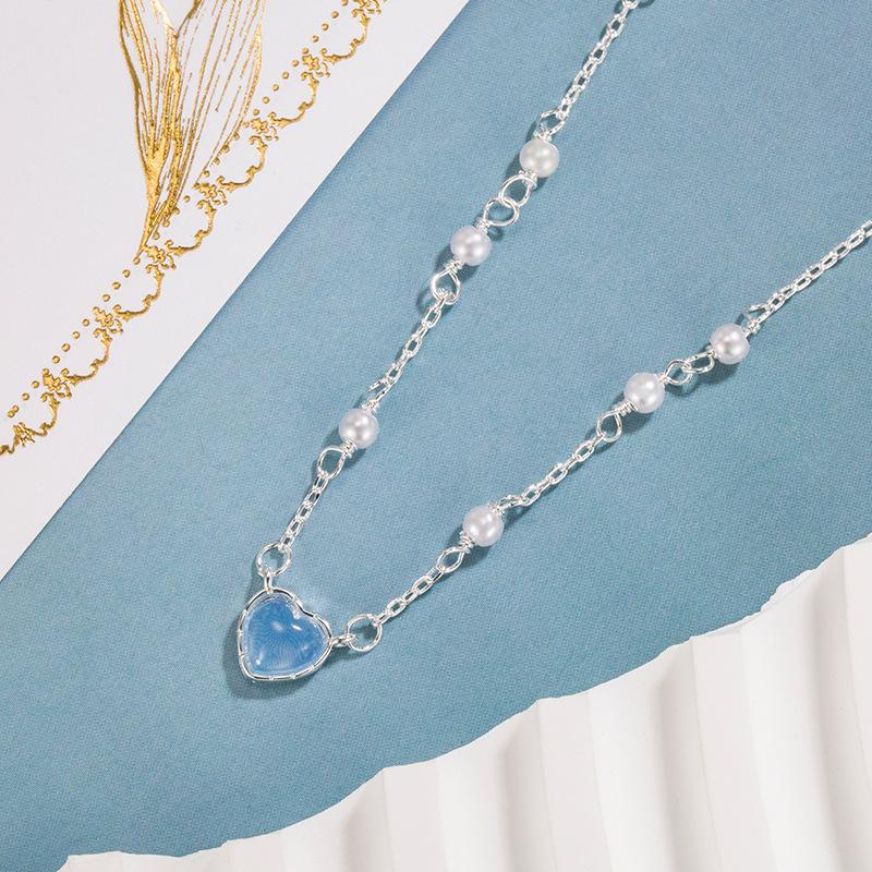 Ladies Crystal Pearls Love Heart Pendant Necklace Jewelry