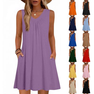 Damenmode Farbe Sommer Ärmellos V-Ausschnitt Weste Tasche Lässig Locker Kleid