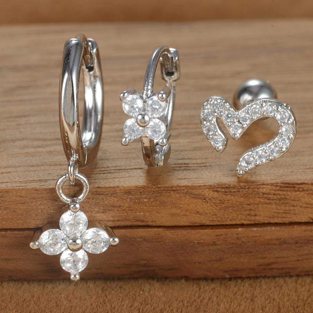Ensemble de 3 Boucles d'Oreilles Anneau Couronne en Acier Inoxydable Couleur Argent pour Femmes Quatre Fleurs Zirconium Piercing Cartilage Boucle d'Oreille Bijoux Mode