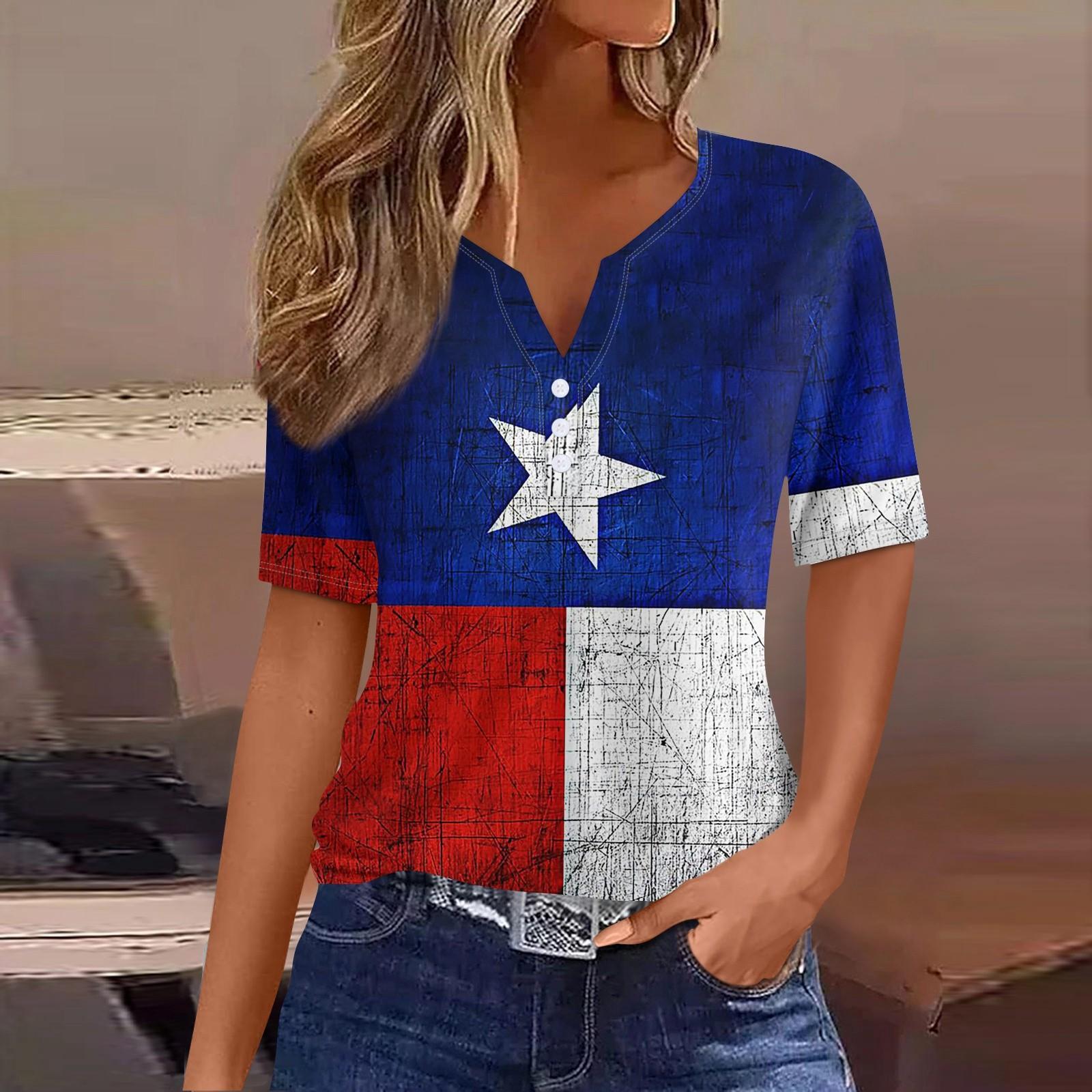 

Жен. Футболка Футболка День независимости С принтом Пуговицы С короткими рукавами Повседневные Выходные Мода Классический Классический V-образный вырез Обычный Топ L синий