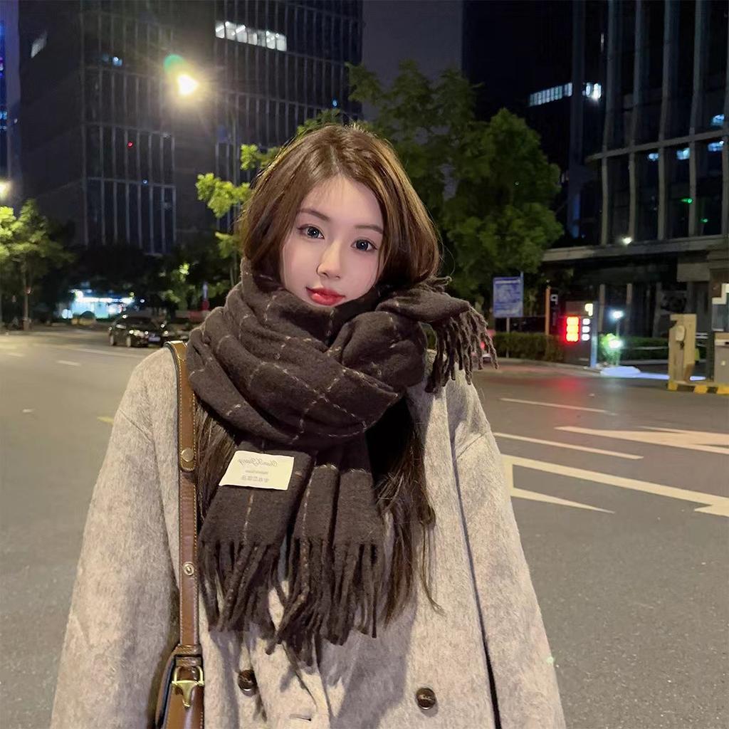 Women's & Couple Korean Style Plaid Scarf Fringed Winter Fleece-Like Cashmere Thickened Warm Versatile Skin-Whitening Shawl Student Neck Warmer