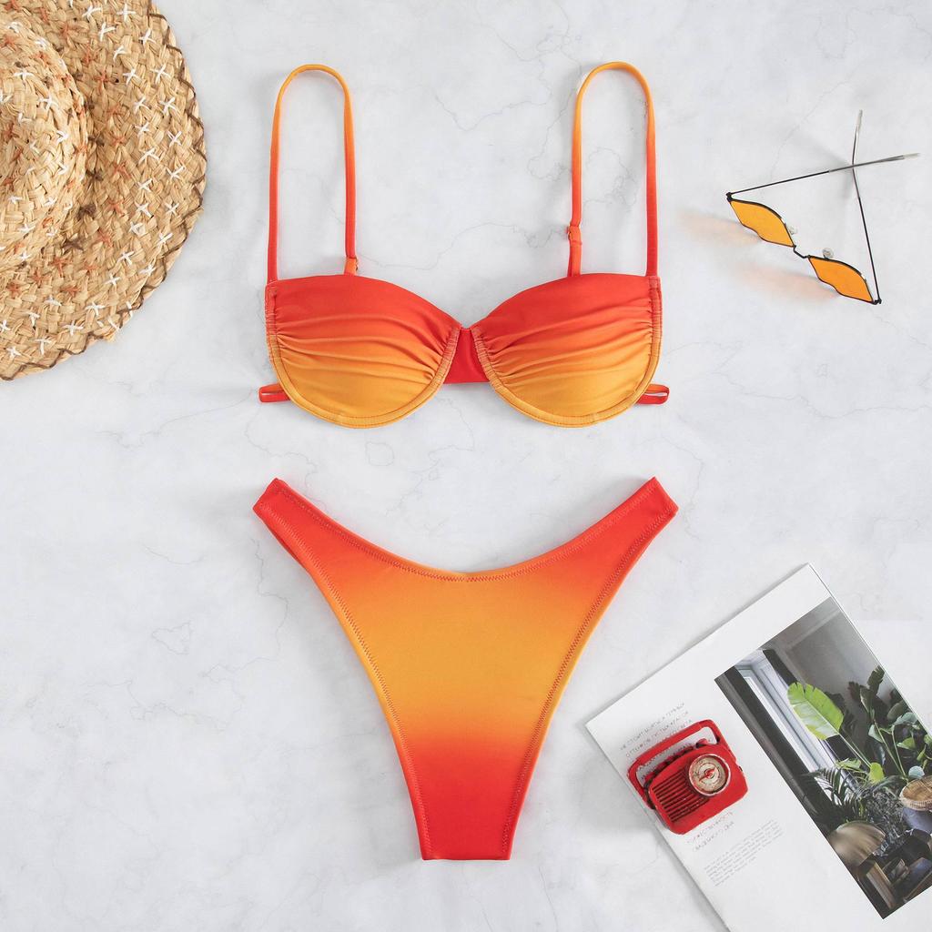Halter Neck Backless Triangle Single Swimsuit Bikini Suits Women's Lace Up Gradient Split Swimwear