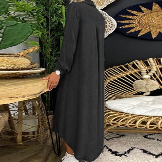 Turn-Down Collar Long Sleeves Women Dress Two Pockets Solid Color Single Breasted Denim Maxi Dress Ladies Clothing