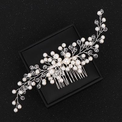 Peignes à Cheveux de Mariée Ornements Cristal Bijoux de Cheveux Accessoires de Cheveux de Mariage Couleur Argent Femmes Perle Coiffe Décoration