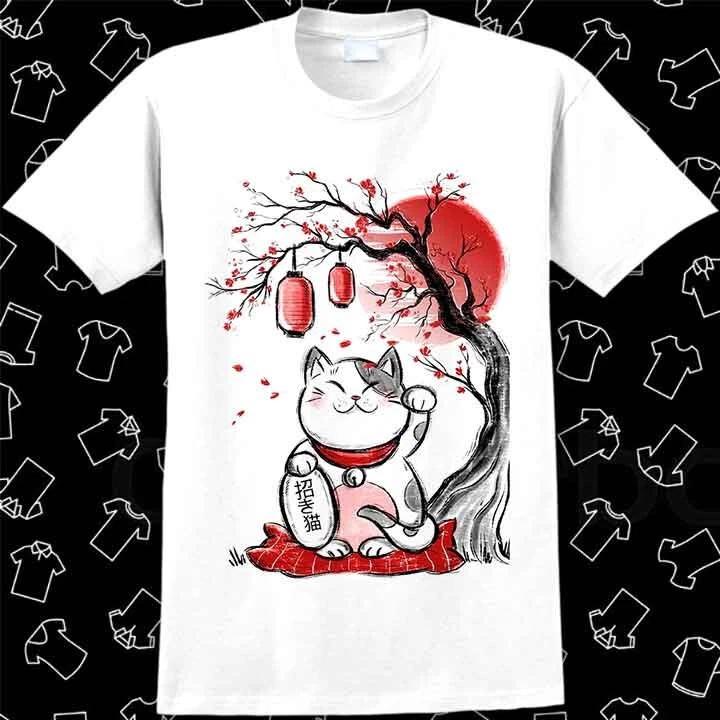 Maneki Neko Sakura Tree Drawing Art T Shirt 1081 XXXL