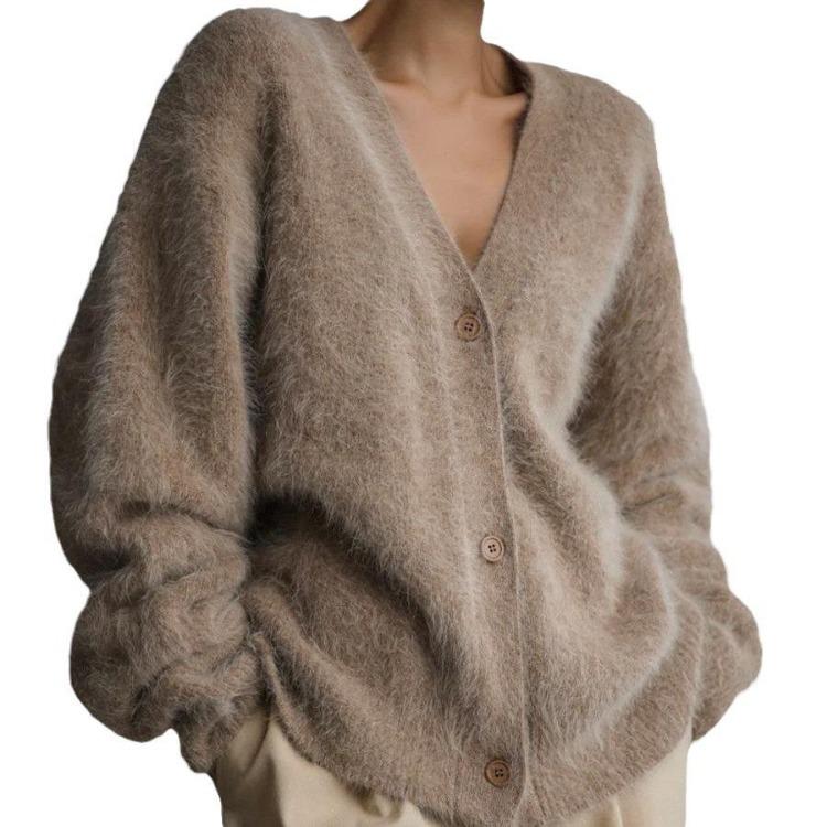 Women Mink Knitted Sweater Solid Color Cardigan Loose V Neck for Autumn Winter