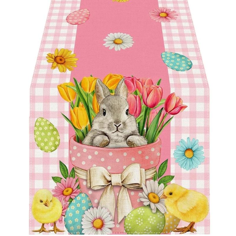 Linen Table Scarf Easter Rabbit Eggs Pattern Rectangular Washable Table Runner For Spring Decorations And Home Styling