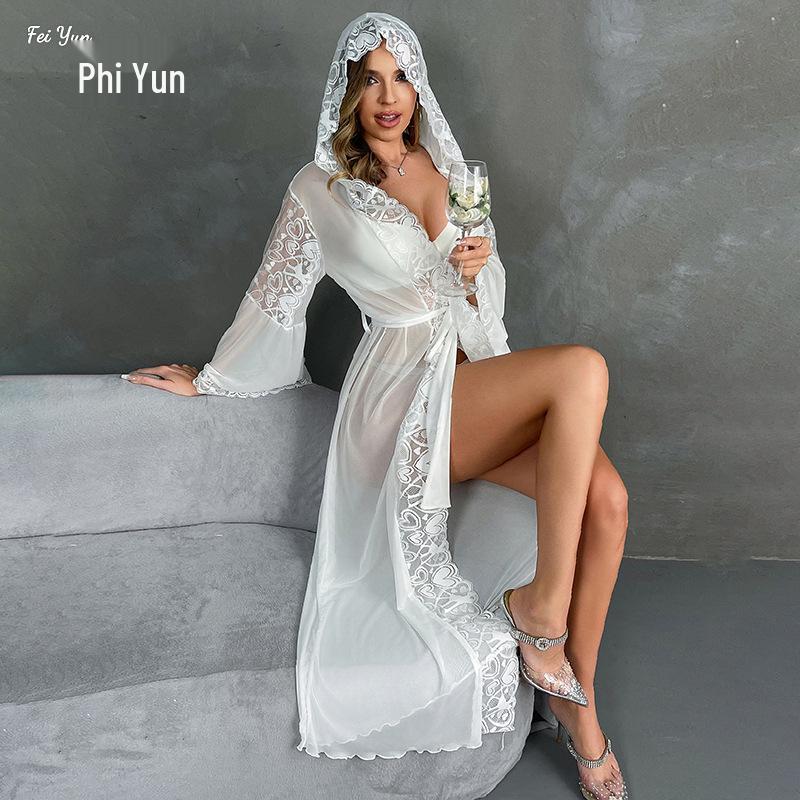 Sexy Mesh Kapuzenbademantel mit Spitzenbesatz Lingerie mit Gürtel
