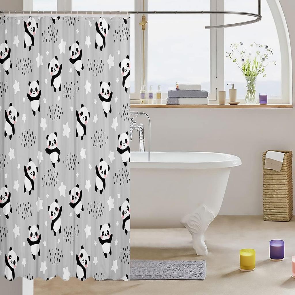 Cute Panda Shower Curtain Gray Star Pattern Baby Nursery Bathroom Decor Linen180X230