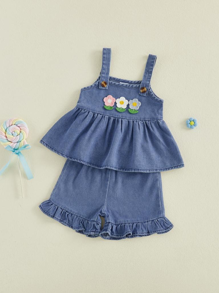 Adorable Infant Girl Floral Denim Ensemble with Sleeveless Babydoll Top and Ruffle Shorts for a Stylish Summer Look
