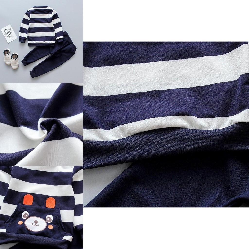 Stylish Bear Stripe 2pcs Toddler Kids Baby Boy Girl Sweater Coat Tops+pants Outfits Clothes Set