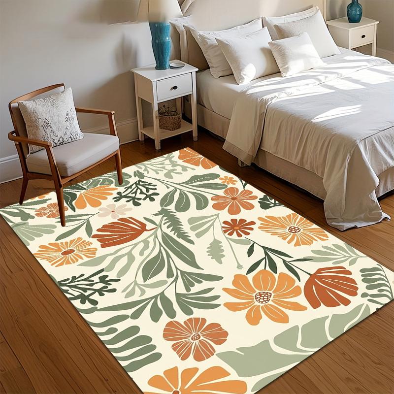 

Home Alfombra Cream Orange-Green Floral Area Rug Modern Floral Kids Floor Mat Non-Slip Carpets for Living Room Decoration Gift 40x60CM