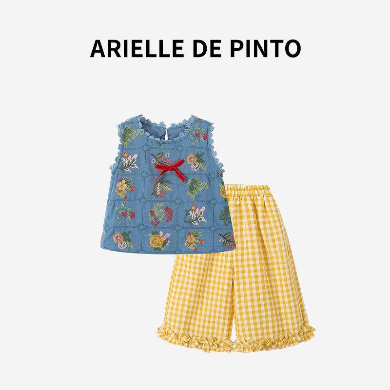 French Arielle De Pinto Summer New Girls  Plaid Pants and Floral Set 2026 New Casual Style Blue 120