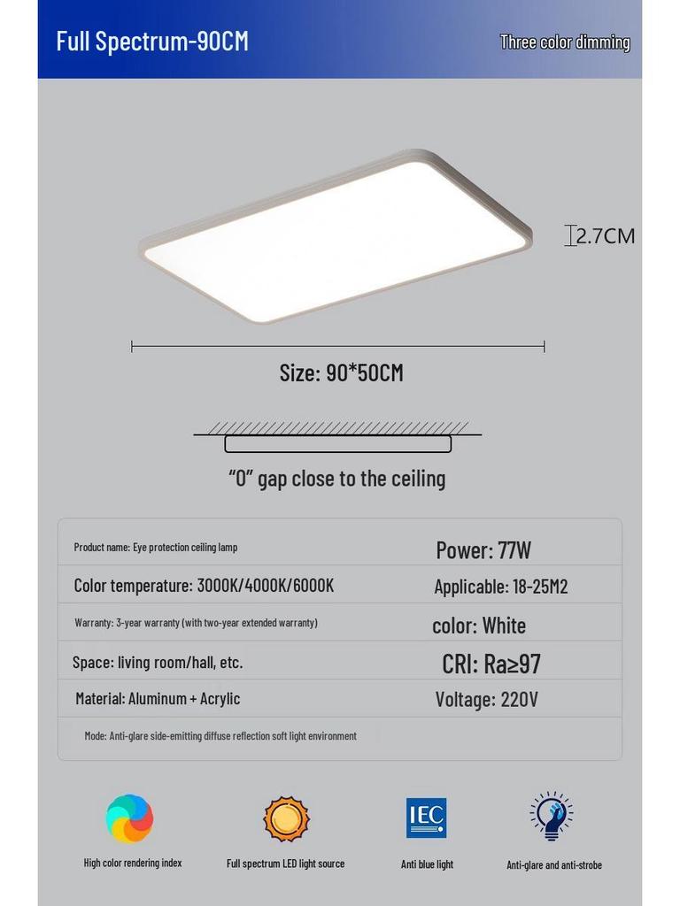 Ultra-Thin Minimalist Ceiling Light with Full Spectrum Eye Protection for Living Room or Bedroom