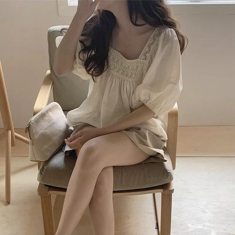 Women's Square Neck Shirt Summer Loose Bubble Sleeve Short Sleeved Top Shirt