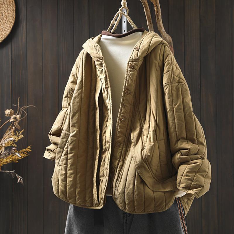 Women's Retro Winter Quilted Cotton Jacket with Hood, Vertical Stripes, Loose Fit, Petite Size, Warm & Thick Design