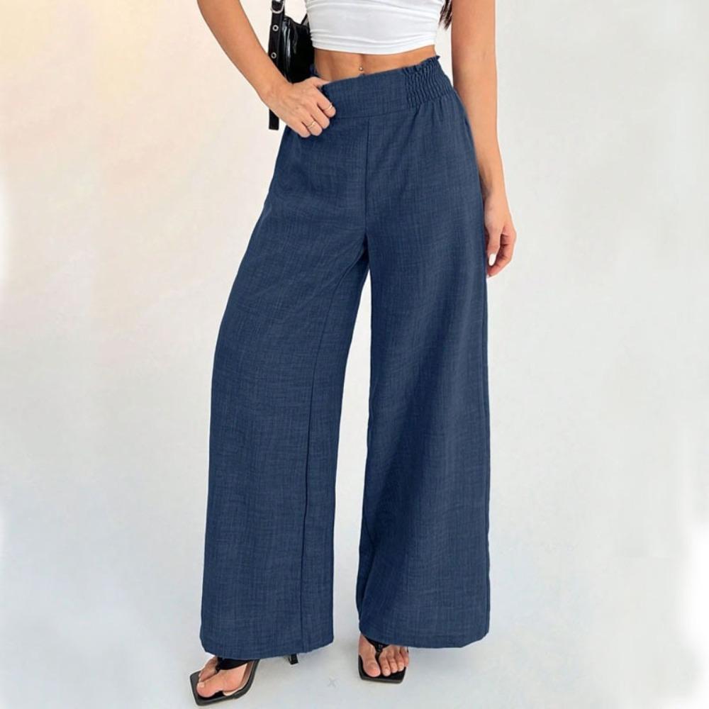 Women s Elastic High Waist Wide Leg Pants Casual Palazzo Trousers with Shirred Waist S тёмно-синий