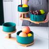 Ceramic Fruit Plate Solid Color Fruit Salad Bowl Two-piece Wooden Base Dessert Snack Tray Dishes Decorative Bowl Plate Tableware