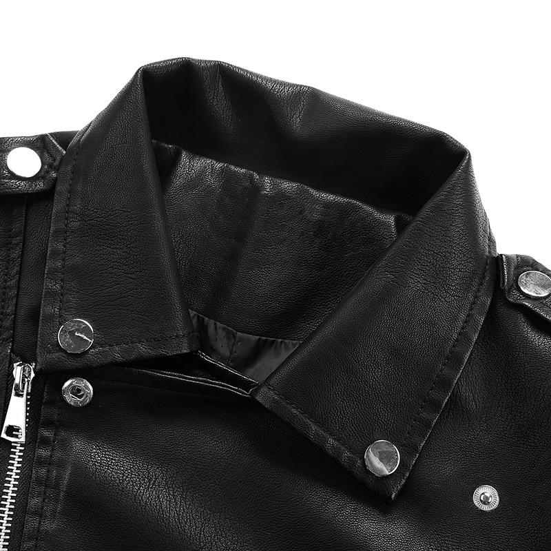 European Spring Women's Short Leather Motorcycle Jacket with Lapel Collar