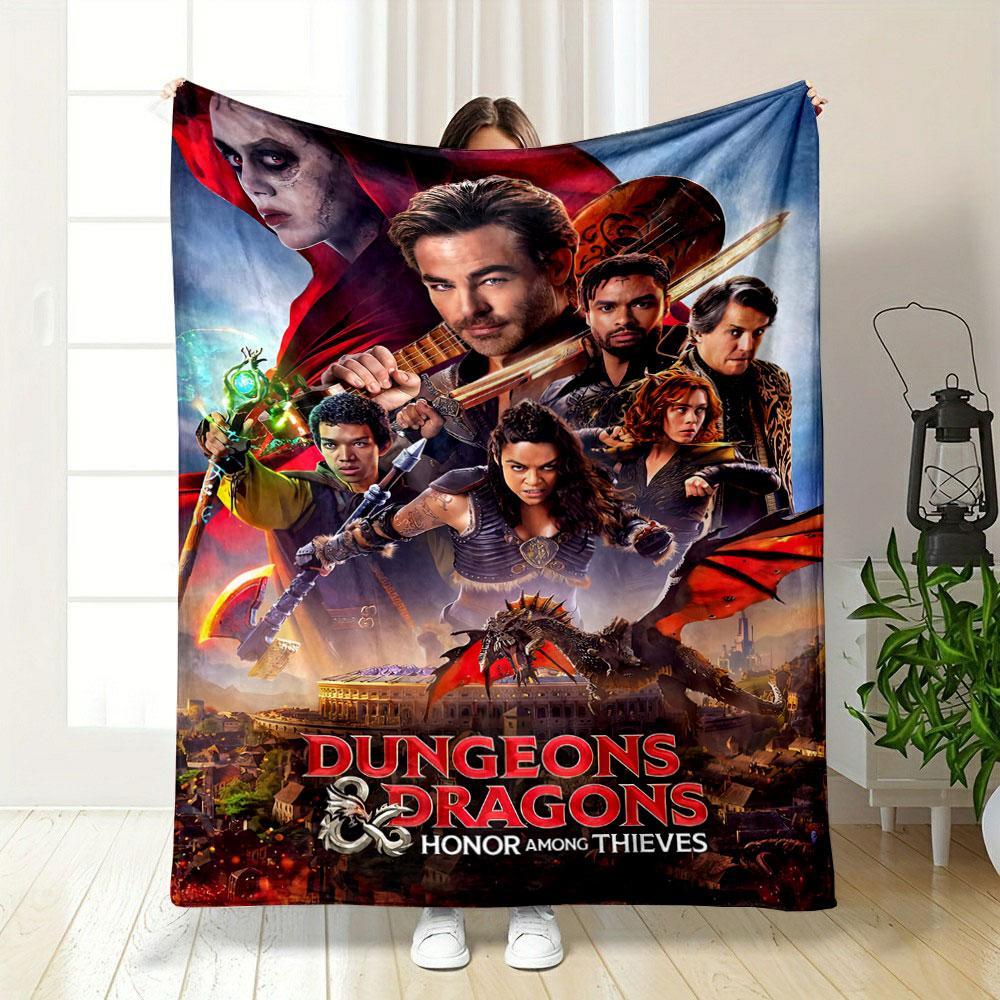 A Heroic Fantasy Ensemble with Weapons, a Red Dragon, and a Medieval City. for All Seasons Blanket Lunch Break Throw Gift 75X95CM