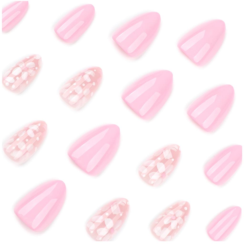 24Pcs Almond Press On Nail Flower Design French Fake Nail Acrylic False Nail,Artificial Nail Glues On Nail for Womens