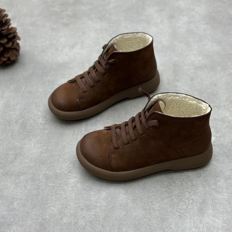 Women Genuine Leather Short Boots Round Toe Genuine Leather Handmade Retro Street Style Winter Warm Flats Ankle Boots