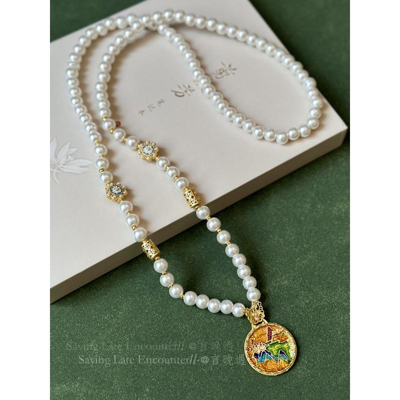 

Shajin round brand pearl long necklace women s new Chinese style ancient style national style sweater chain light luxury