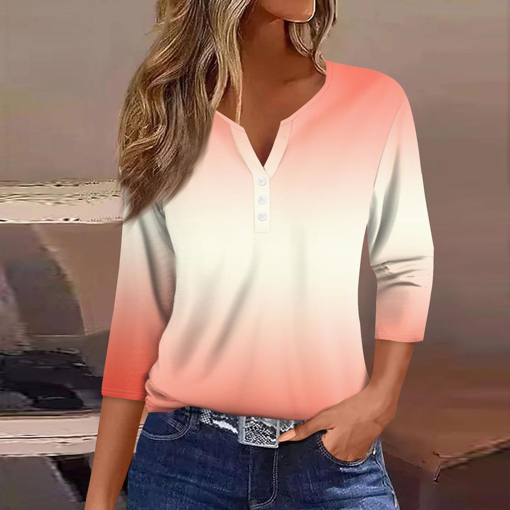 Women's Fashion Casual Printed V-Neck Seven Sleeve Button Down T-Shirt Top