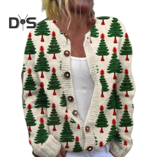 Jachetă cardigan pentru femei, imprimare 3D de Crăciun, cu un singur piept, gât rotund, mâneci lungi, pulover pentru școală de vacanță și navetă
