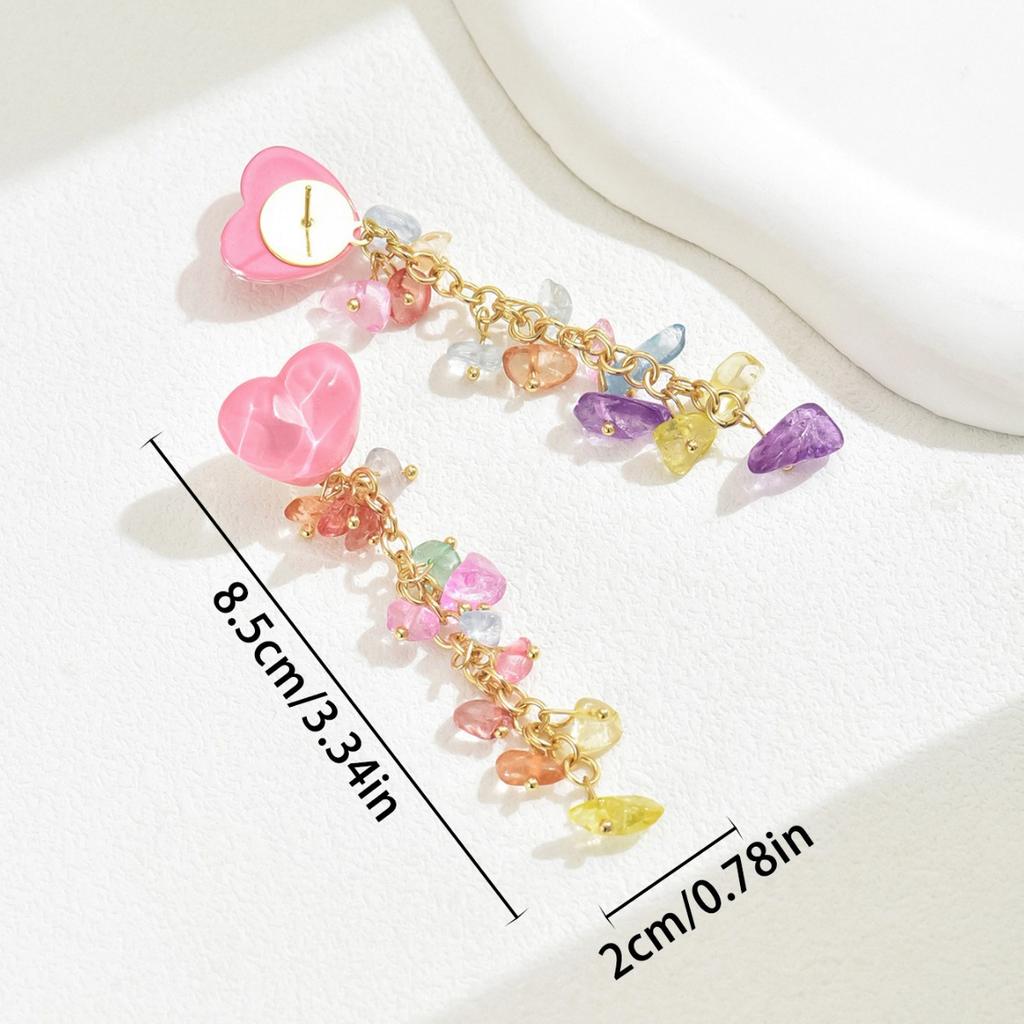Japanese Korean Fresh Mori Stud Earrings Women Sweet Heart Color Crystal Fringe Ins Holiday Casual Decor Jewelry