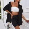 Fashion Shorts Two-piece Solid Color Shirt Suit Women's Casual Loose Short-sleeved Single-breasted