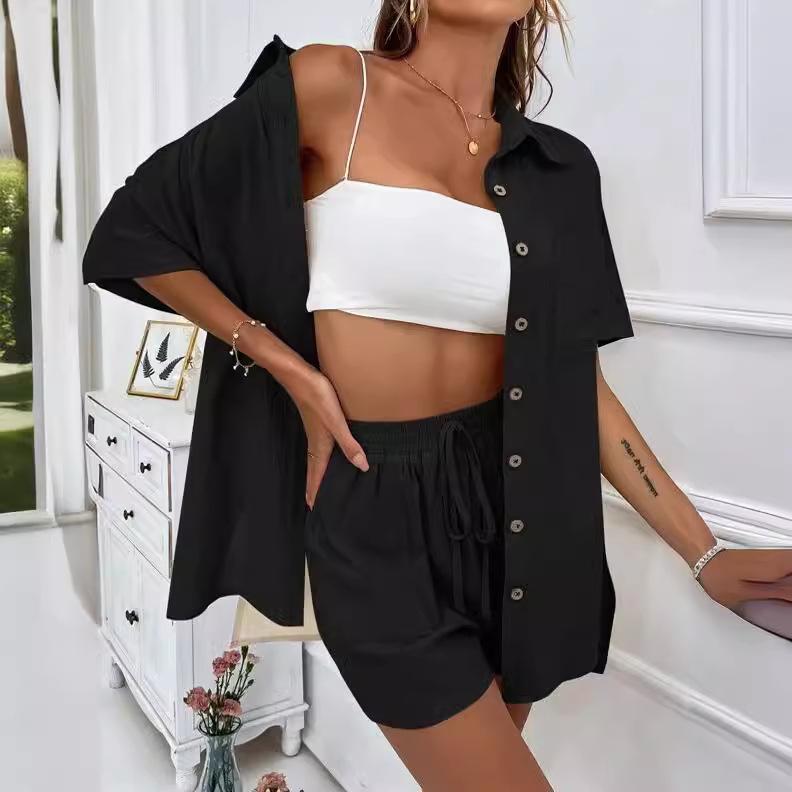 Fashion Shorts Two-piece Solid Color Shirt Suit Women's Casual Loose Short-sleeved Single-breasted