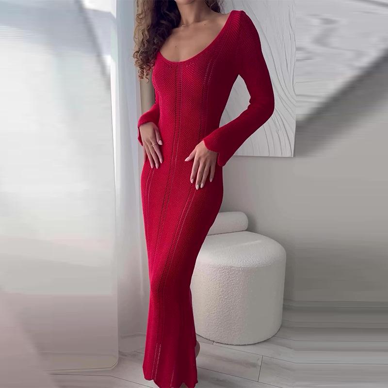 

Женское облегающее платье с длинным рукавом и U-образным вырезом, однотонное, осень 2024 L