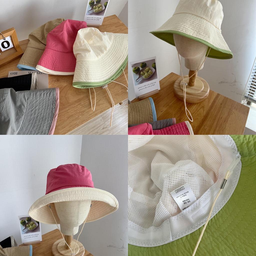Light and quick-drying wide brim bucket hat Spring and summer camping windbreak rope Contrast color sun hat Sunscreen sunshade basin hat Children